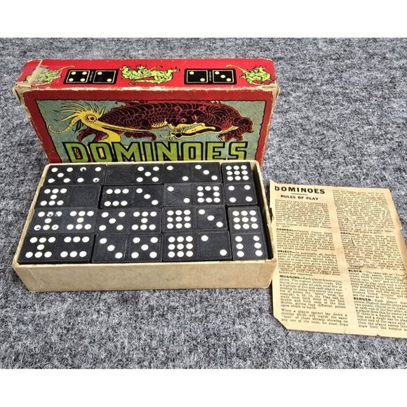 Vintage Halsam Chinese Dragon Back Double Nine Dominoes in Box 920 - Picture 1 of 7